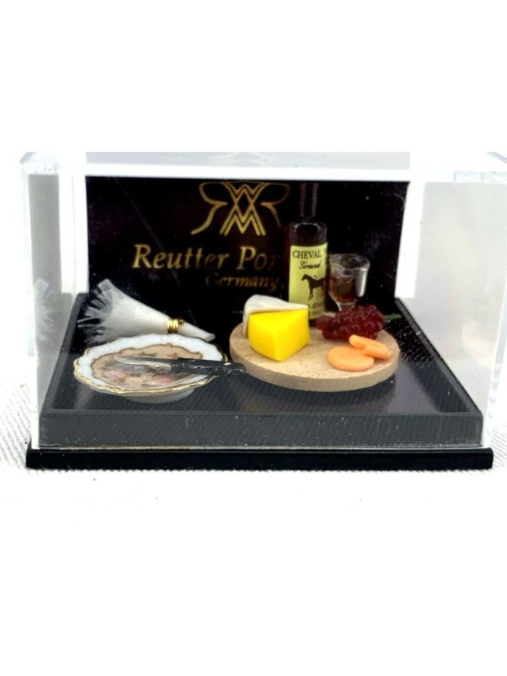 Reutter Porcelain Dollhouse Miniatures Wine Cheese Fruits Meat Bread Board Tray
